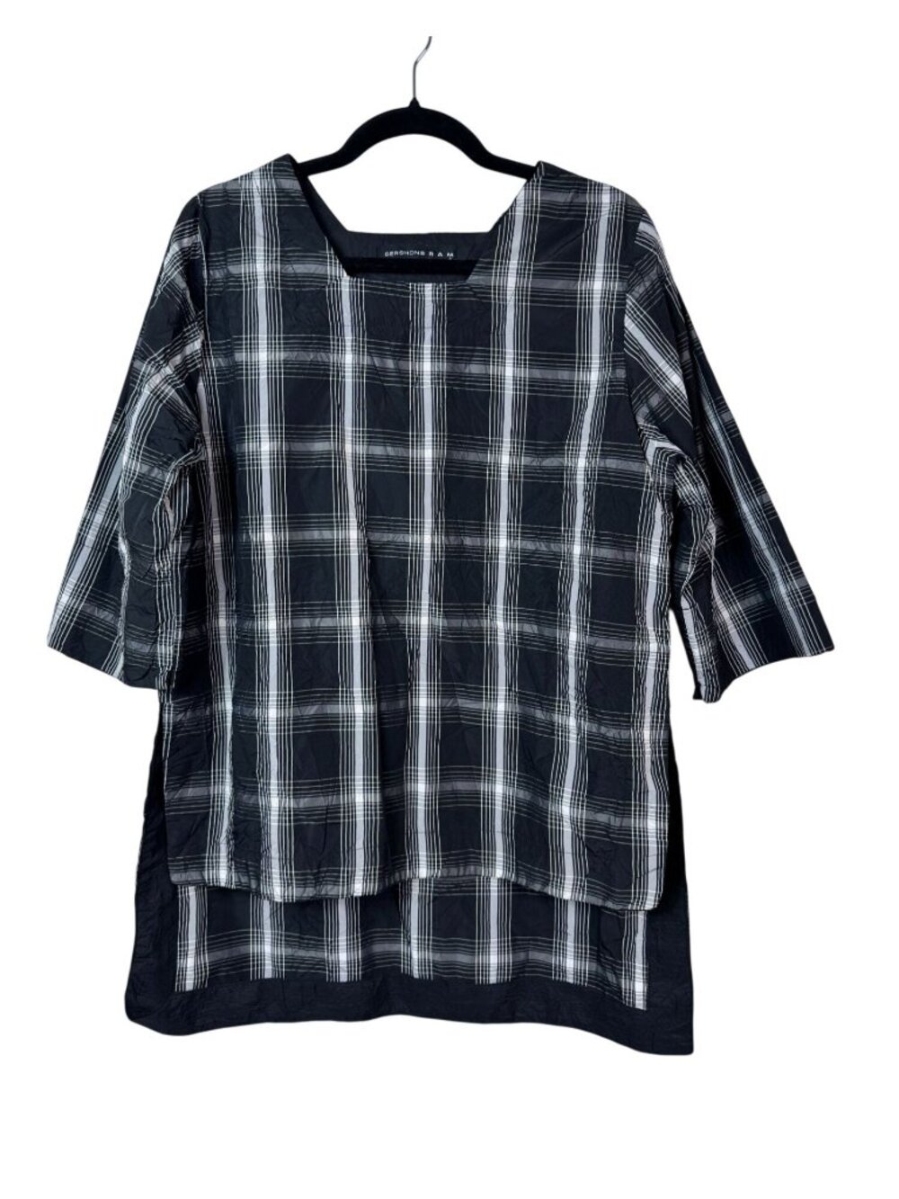 Gershon Bram Black White Plaid Tunic Top sz Small Lagenlook Crinkle Art to wear